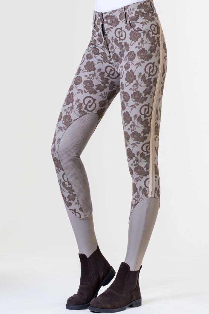 Pantalone equitazione donna Flora con grip in silicone, tessuto elasticizzato, e stampa floreale, ideale per attività equestre