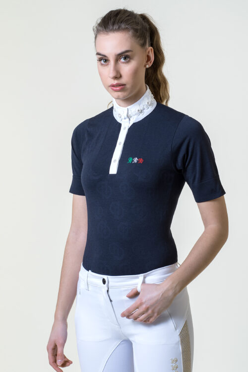 Polo da equitazione da concorso donna Allure bianca e blu con colletto in popeline e passamaneria floreale, ideale per gare di equitazione