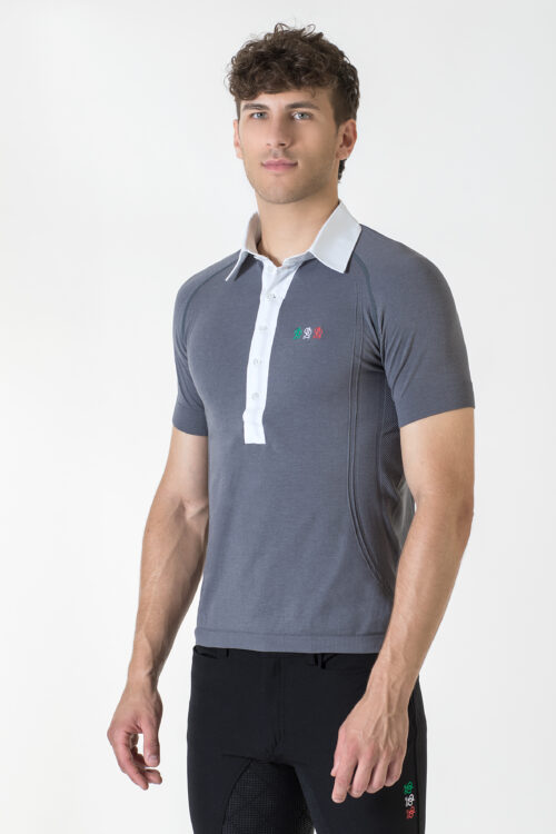 Polo da equitazione uomo Ergonomic a manica corta, colore grigio o bianco, con colletto a camicia, perfetta per allenamenti e competizioni.