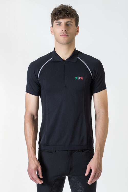Polo equitazione da allenamento uomo Olympia senza cuciture, tessuto tecnico traspirante e design aderente per libertà di movimento.