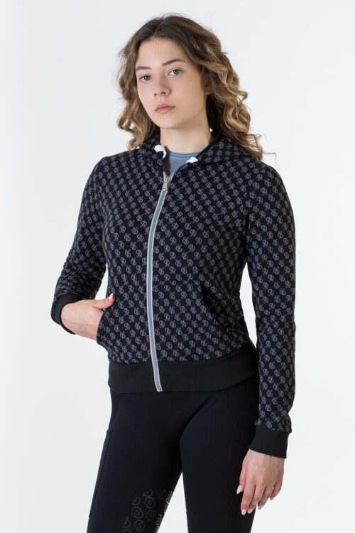 Felpa donna con cappuccio e zip, logo Accademia Italiana Style all-over, ideale per equitazione e tempo libero.