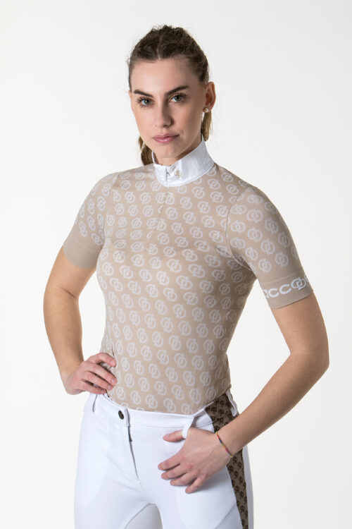 Polo da equitazione donna "Sunny" ecru Accademia Italiana Style, tessuto seamless, colletto in popeline e dettaglio jacquard con logo.