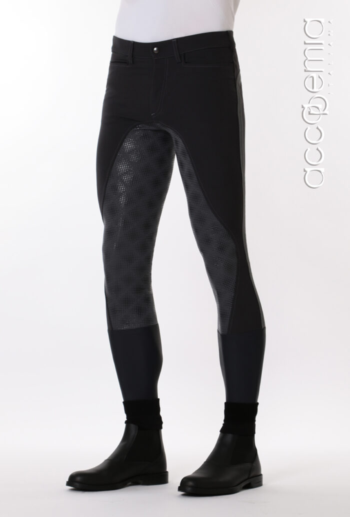 Pantalone da equitazione uomo Master PG di Accademia Italiana con bande a contrasto, grip in silicone e fondo gamba elasticizzato.