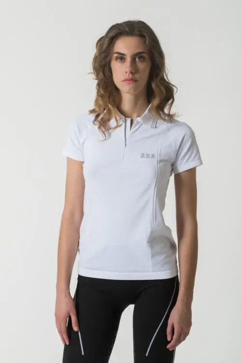 Polo da equitazione per allenamento Ziggy bianca – dettaglio jacquard zig zag e tessuto seamless tecnico.