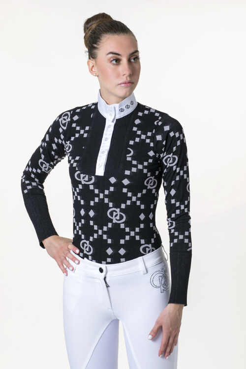 Polo da equitazione per competizione donna/ragazza Pixel a manica lunga con colletto bianco in popeline – Accademia Italiana Style