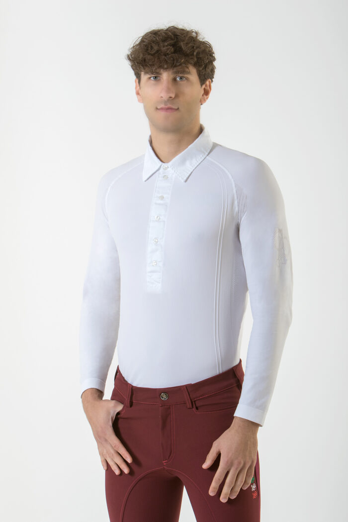 Polo da equitazione uomo Ergonomic Accademia Italiana, tessuto seamless traspirante e design elegante con colletto a camicia.